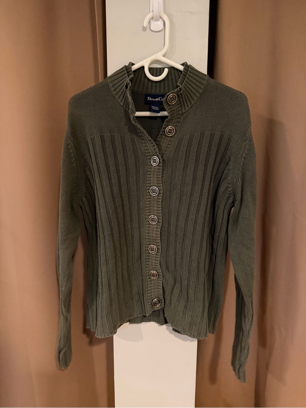 100% Cotton Denim&Co Olive Ribbed Button-Up Cardigan